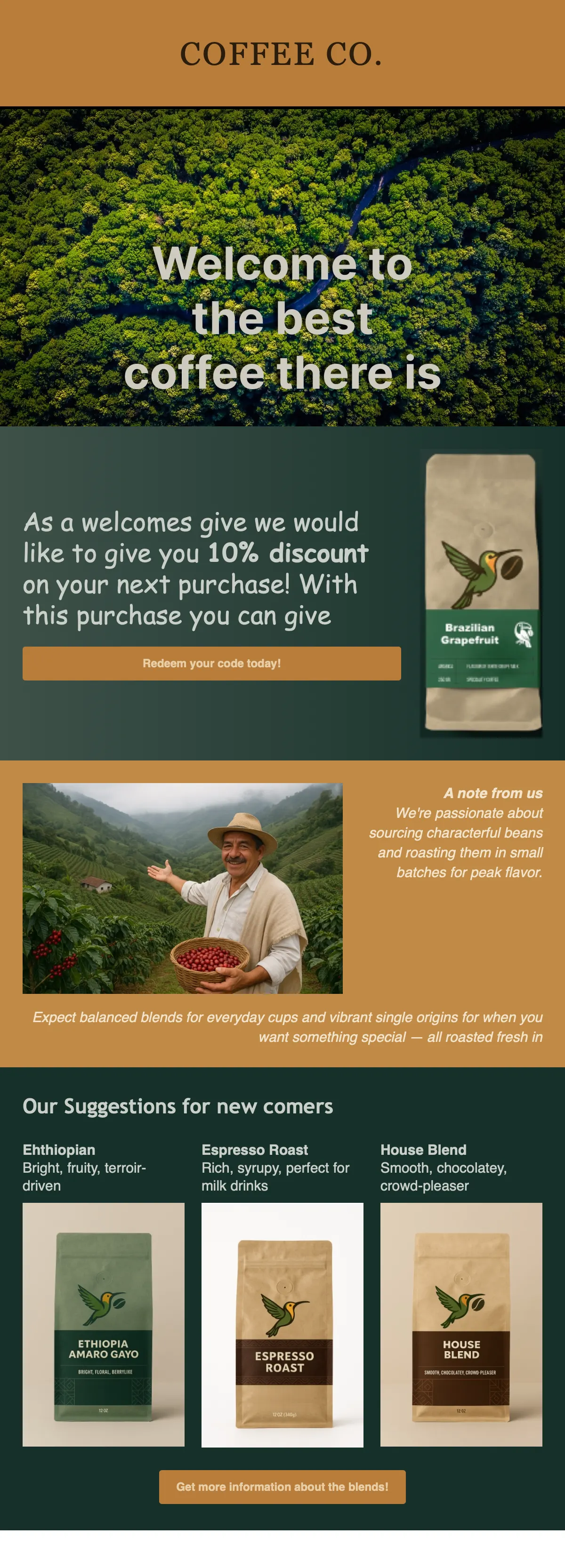 The roaster’s old welcome email: one template, the offer buried below three scrolls of image